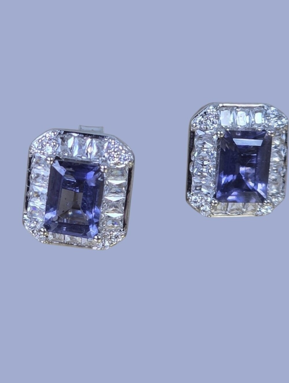 925 Sterling Silver Earrings With Natural Iolite 7x5mm Gem & Cz